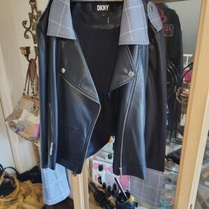 DKNY Black and Blue Plaid Leather Jacket